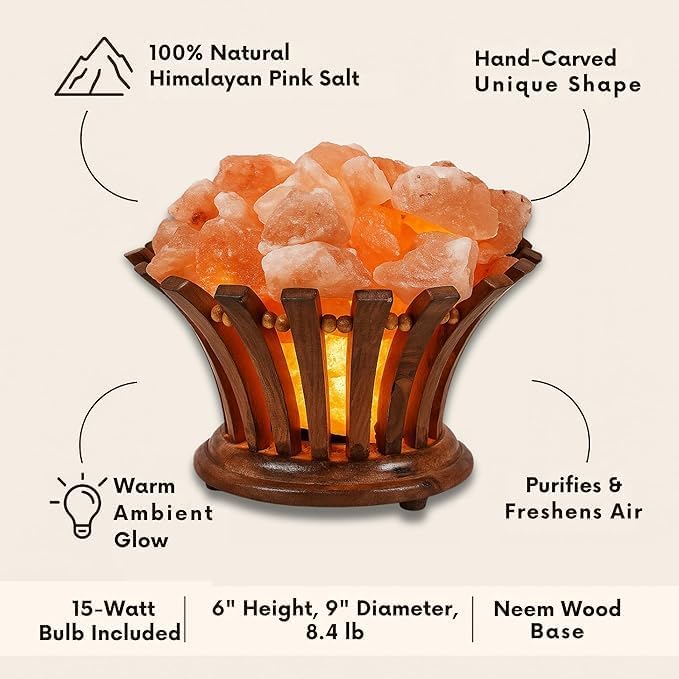 Himalayan Pink Salt Lamp with Wood Base, 6" Height x 9" Diameter, 8.4 lb, Night Light