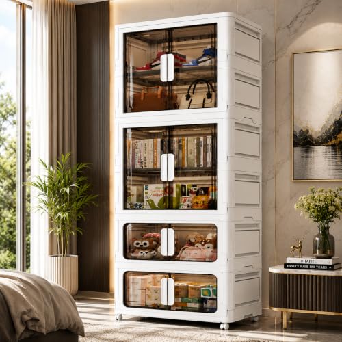 Image of EXVITO Modular Plastic Wardrobe for Bedroom | 4 Tier Foldable Cupboard with Hanging Rod | Stackable Storage Almirah for Clothes with Wheels | Multi-Layer Plastic Storage Cabinet - White