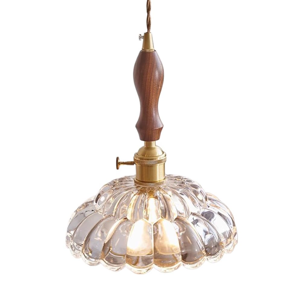 Suspension Japonaise en Bois de Noyer Massif et Verre Soufflé Style Rustique Chic