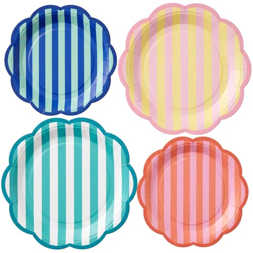 Domensi 60 Pcs Scalloped Pastel Summer Paper Plates 30 9 + 30 7 Stripe Pastel Paper Plates for Summer Pool Birthday Bachelorette Party Decoration Supplies