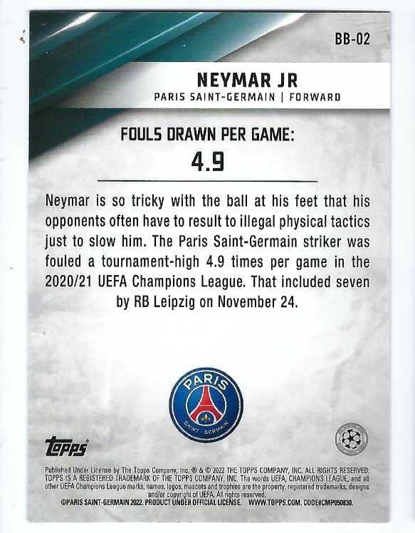 NEYMAR JR. 2021-22 Topps UEFA Champions League Soccer Best of the Best Card #BB-02 Fouls Drawn PSG Brazil Paris Saint-Germain