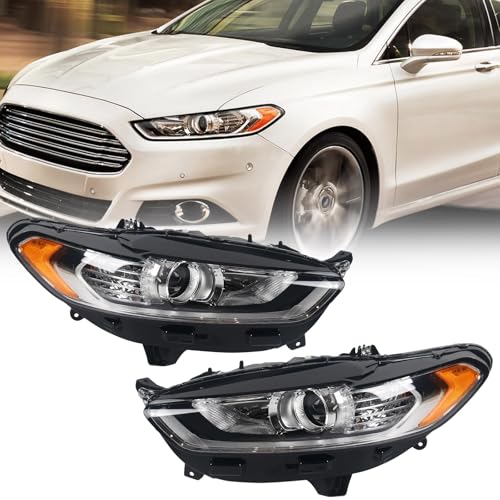 FIONE for Ford Fusion Headlight Assembly 2013 2014 2015 2016 Halogen Projector Headlamp Replacement Black Housing Clear Lens Head Light Chrome Front Lamp Pair Left & Right Side