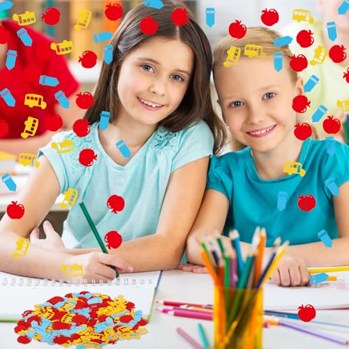 Image of Whaline 300 Pcs Back To School Table Confetti School Bus Apples Pencil Shaped Confetti Yellow Red Blue Table Centerpiece for First Day of School Party Decoration