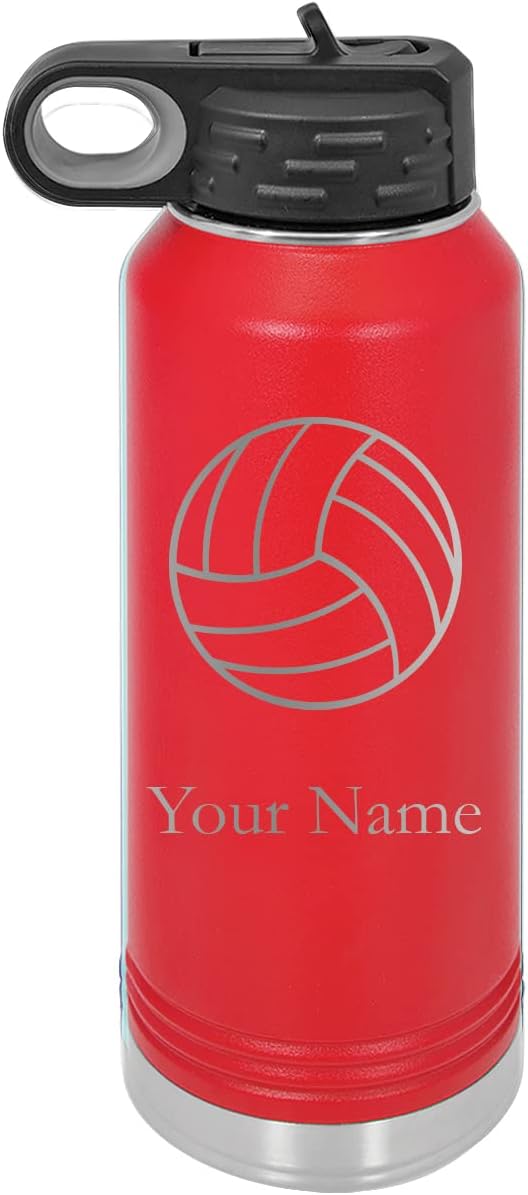 Volleyball Personalized Custom Engraved Double Wall Vacuum Hot/Cold Drinks Insulated Stainless Steel Boys/Girls Sports Team Water Bottle with Flip Top Lid, Straw