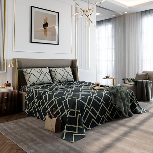 Image of Stoa Paris 100% Cotton King Size Bedsheet with 2 Pillow Covers, 180TC Printed Bedding Set, Breathable, All-Season Comfort, Soft & Lightweight, Home Decor, Urbanscape - Slate Lattice (228cm x 274cm)
