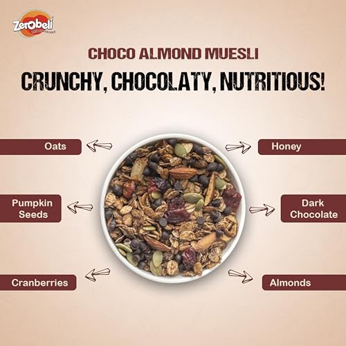 Image of Zerobeli Dark Chocolate Almond Muesli 425g (Pack of 3) Cereals for breakfast rich in Multigrain, protein, fibre Almonds, Pumpkin Seeds and Cranberry|100% Wholegrain | Rich in Antioxidants