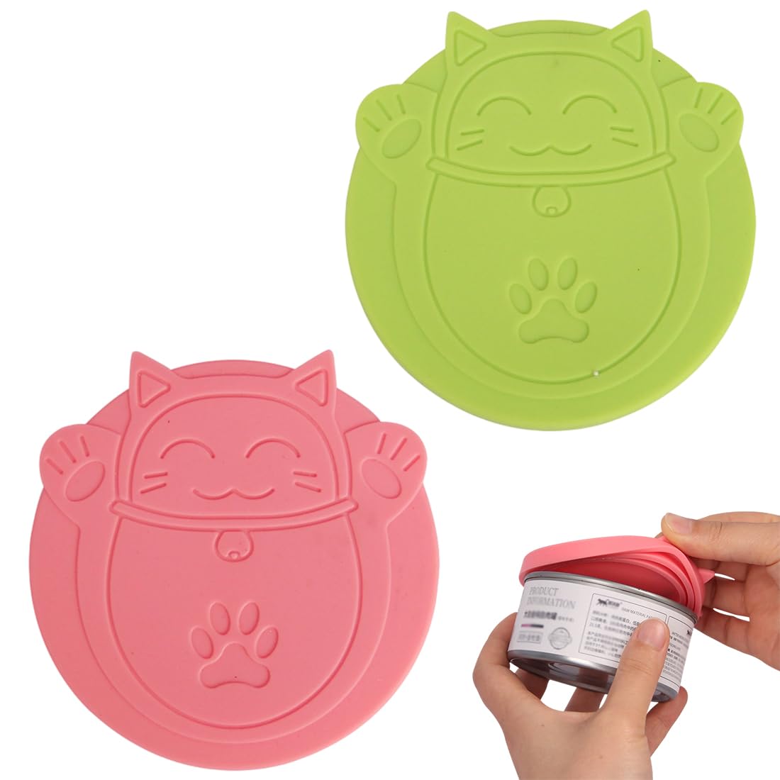 Coperchi 3-in-1 in silicone motivo Maneki-Neko – universali per scatolette gatti/cani, set da 2 (rosso, verde)