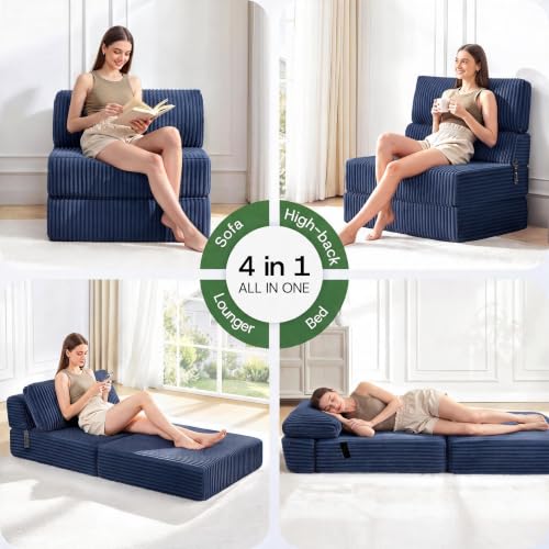 Image of Folding Sofa Bed Convertible 4 in 1 Sleeper Chair Blue Twin