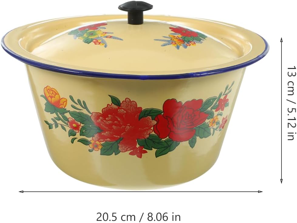 ULTECHNOVO Vintage Enamel Basin with Lid: 8-Inch Retro Food Storage Bowl for Lard Oil & Kitchen Decor, Traditional Chinese Style Wash Basin for Camping and Home