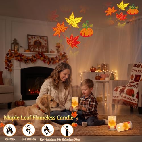 Image of Fall Flameless Candles Projector Lights with Pumpkin Maple Leaf Projection