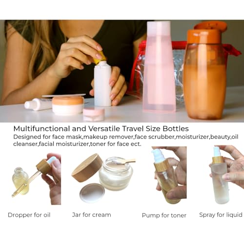 Empty Refillable Frosted Glass Cosmetic Containers with Bamboo Cover - 5 Pack, Spray Bottle, Lotion Pump, Dropper, Roller and Cream Jar for Cosmetic Storage with Tray4