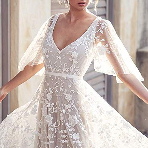 DAYISS Women\'s Bohemian Wedding Dresses Lace Bridal Gown Backless Short Sleeve V Neck Beach Wedding Gowns Party Dress (White, 3XL)