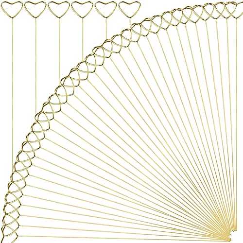 H&W 12''L Golden Heart Loop Round Shape Card Holders 40PCS Floral Picks Clips for Wedding & Flower Arrangements, DIY Craft Wire Clip Table Card Holders Note Photo Picture Memo Holder Cake Topper