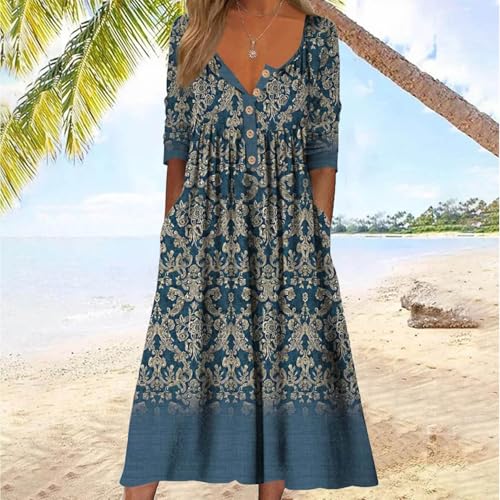 Image of Women's Casual V Neck Midi Tshirt Dress Boho 2025 Summer Short Sleeve Beach Dresses with Pockets