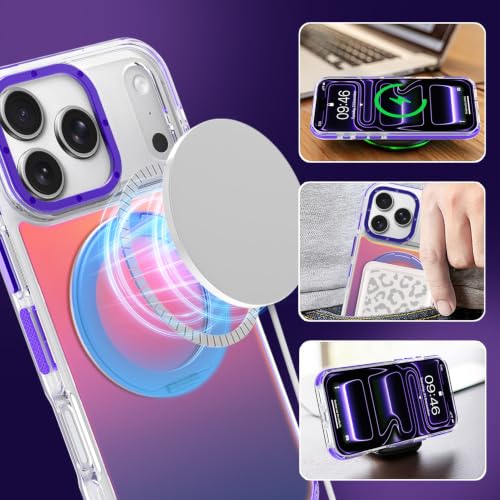 Image of Magnetic for iPhone 17 Pro Case with 360 Stand [Compatible with Magsafe] [Fluorescent Design] [1 Screen Protector] Slim Translucent Matte Case for iPhone 17 Pro 6.3 inch, Purple