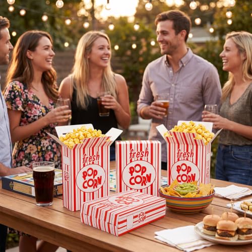 Image of Fasmov 100 Pack Large Paper Popcorn Boxes, 6 inch L x 2 1 /2 inchW x 8 1 /2 inchH Close Top Movie Theater Popcorn Boxes, Popcorn Containers for Movie Party and Theater Night (Red and White Stripes)