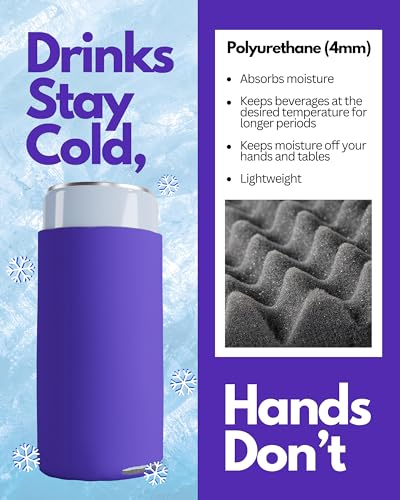 Image of PartyPrints 100 Pack Purple Blank Slim Can Cooler Sleeves | Plain Seltzer Customizable Bulk Coolers for Beer Bottles & 12oz Tall Cans | Skinny Collapsible Drink Insulated Sleeve