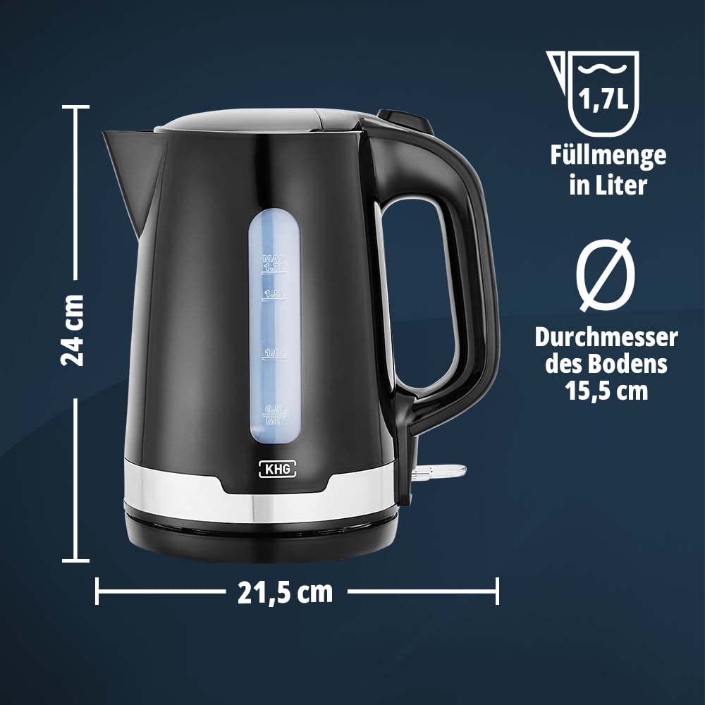 KHG Wasserkocher und Toaster Set 2-teilig 2200 850 Watt 1,7 Liter 2 Scheiben Toast Küchenset Schwarz