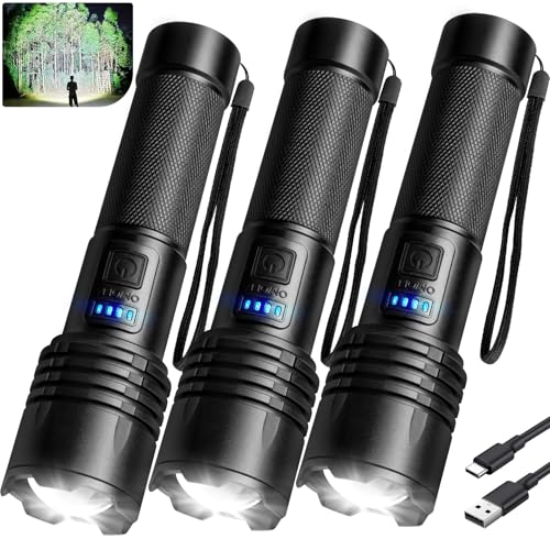 3 Pack Rechargeable LED Flashlights: 990,00 Lumens Super Bright Flashlight with 5 Modes - Powerful Waterproof Handheld Flash Light for Camping, Hiking, Night Patrol & Household Use