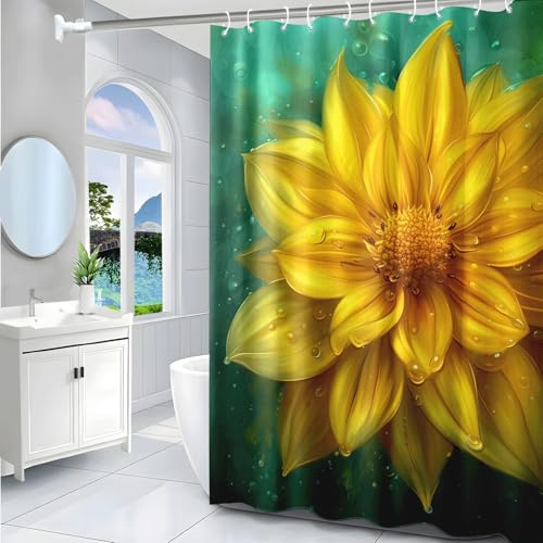 Rideau douche imperméable fleurs jaunes en polyester lavable haute densité - 3