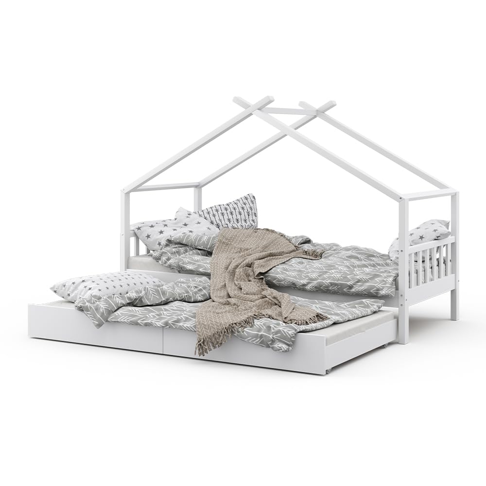 VitaliSpa Letto montessori bambini Design, Bianco, 90x200 cm con letto per ospiti, con sponda anticaduta e rete a doghe per un sonno sicuro