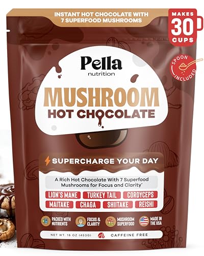 Mushroom Hot Chocolate – Lions Mane, Turkey Tail, Cordyceps, Maitake, Chaga, Shiitake, Reishi – Vegan, Non-GMO, Gluten-Free – Caffeine-Free Mushroom Supplement for Focus & Clarity (Chocolate, 30 Cups)