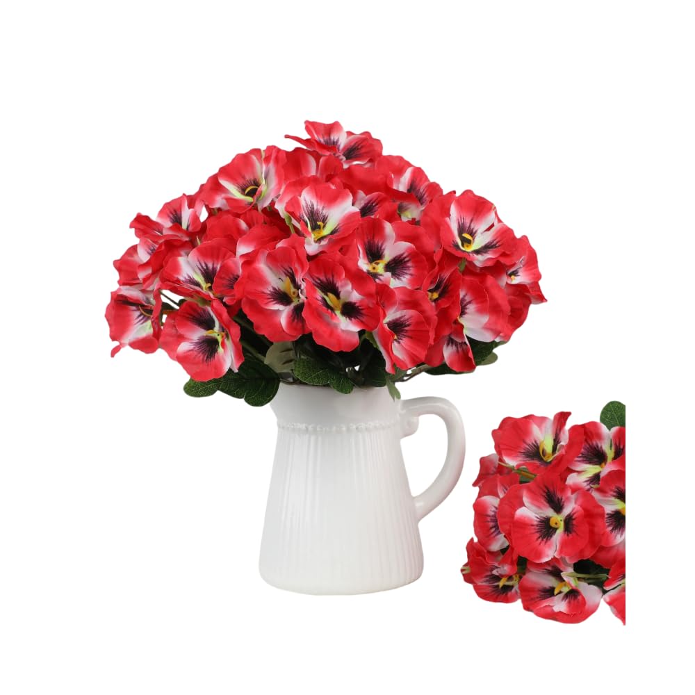 Xshelley 10 Bundles Artificial Pansies Flowers Outdoor UV Resistant Silk Wild Chrysanthemum for Windowsill Box Porch Home Garden Wedding Farmhouse Decoration (Red)