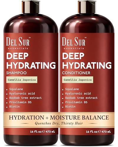 Image of DEL SUR Hydrating Shampoo and Conditioner Set | 16 fl oz Each | with Camellia Japonica, Squalane, Hyaluronic Acid, Baobab Extract & Biotin | Deep Moisture for Dry, Damaged Hair