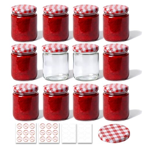 ComSaf Jam Jars with Lids 240ml 12 Pack Round Glass Jars with Red Gingham Lids Airtight Preserving Jars for Homemade Jam Chutney and Pickles Mason Jars with Labels for Gifting or Daily Storage