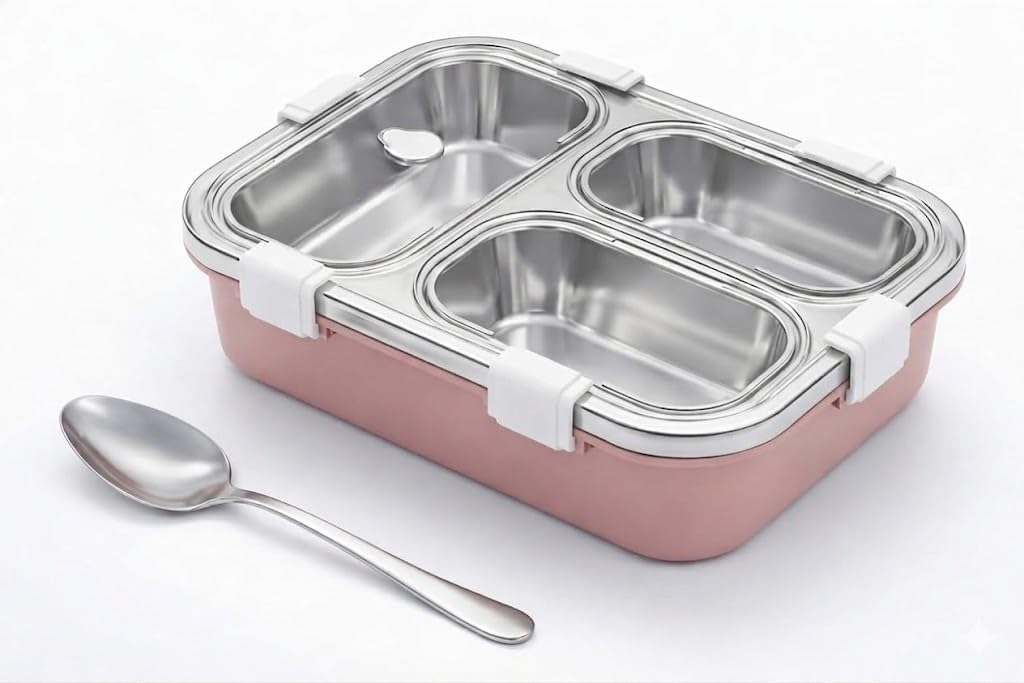 3-Compartment Stainless Steel Lunch Box with Spoon - Leakproof Insulated Bento Box for Kids & Adults, Durable School & Office Food Container (PINK)-image-34