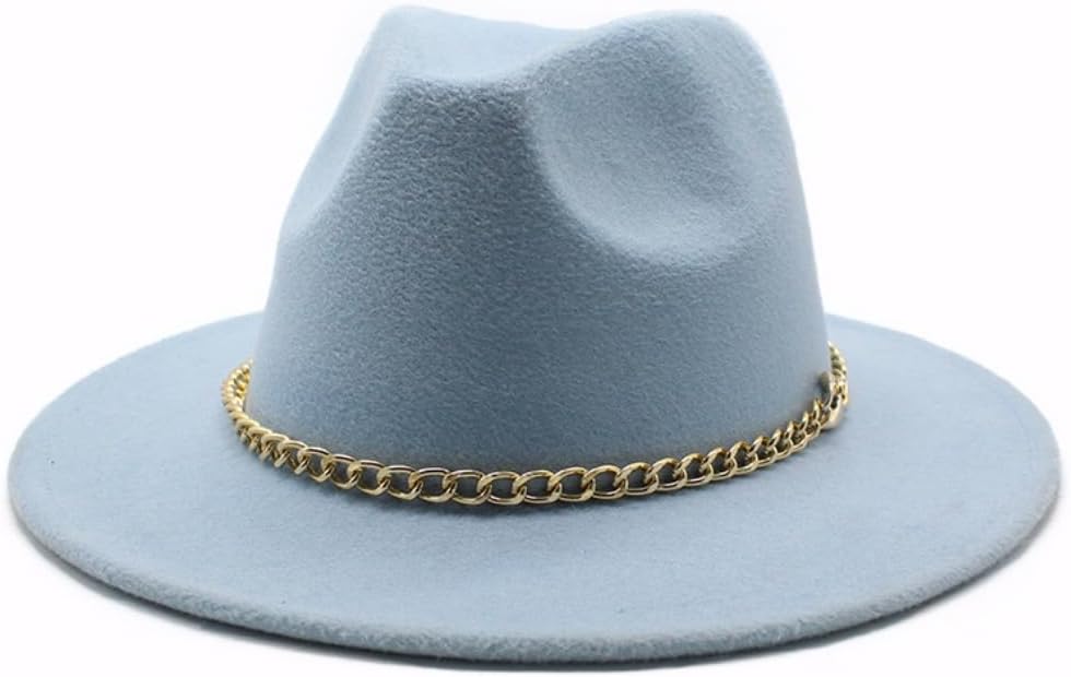 Wide Brim Wool Fedora Hat with Gold Chain Band, Classic Crown, White