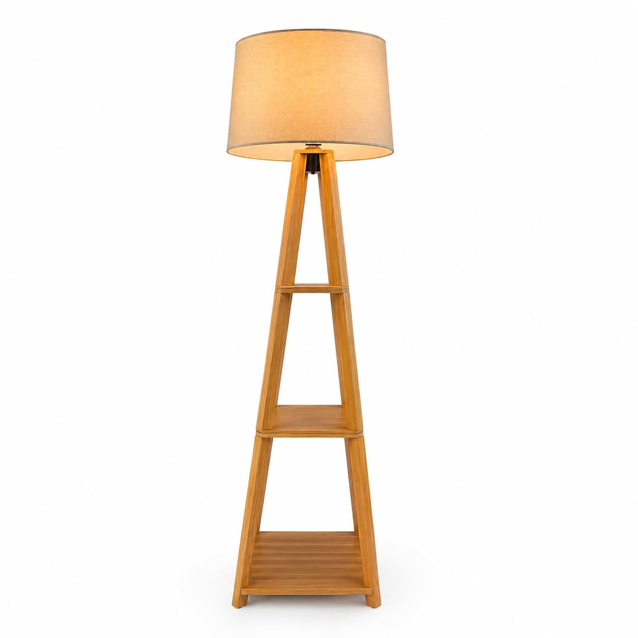 Wooden Tripod Floor Lamp with Shelves, Beige Linen Shade, Natural Wood Finish, Living Room Corner Light-picture-10