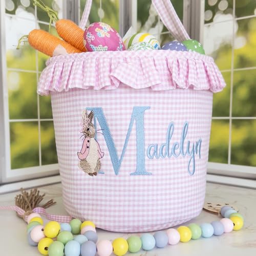Personalized,Monogram Easter Tote,Embroidered Easter Basket,Seersucker Easter Basket with Name, New Baby Gift Holiday Gifts (Pink)