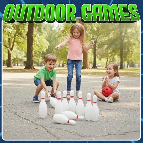 image for KiddieLoot Kids Bowling Set - 10 White Plastic Pins & 2 Lightweight Bo
