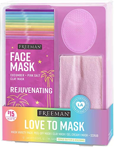 Freeman Facial Love To Mask Variety Pack: Oil Absorbing Clay, Detoxifying Charcoal, Clearing Peel Off, Hydrating Gel Cream, Exfoliating Scrub (14 Piece Kit with Bonus Buffer and Headband)