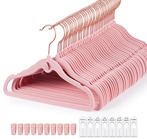 Image of HOUÍSM Baby Hangers Pink Velvet, 60Pack Non-Slip Kids Clothes Hangers+ 10 Finger Clips + 8 Baby Closet Dividers, Space Saving Cascading Hangers for Nursery Closet Organization