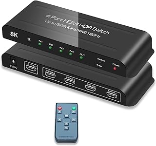 HDMI 2.1 Switch 8K@60Hz 4K@120Hz 4 in 1 Out HDMI Auto Switcher with Remote Support 48Gbps, HDR10+, HDCP2.3, Dolby Vision/Atmos and CEC