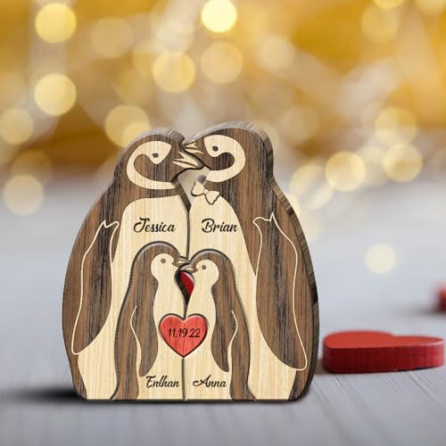 Personalized Penguin Wooden Family Puzzle with Names, Custom Family Name Jigsaw with 2 to 5 Names,...
