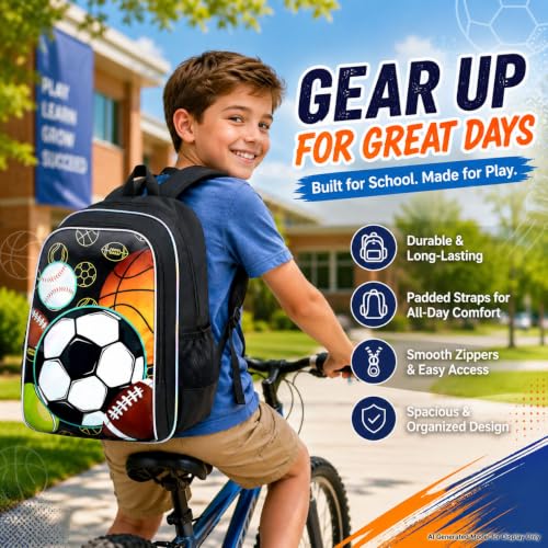 Image of AGSDON 3PCS Boys Backpack, 17 inch Kids Bookbag with Lunch Box for Teen, Multi-Sports Ball Backpacks Water Resistant and Lightweight
