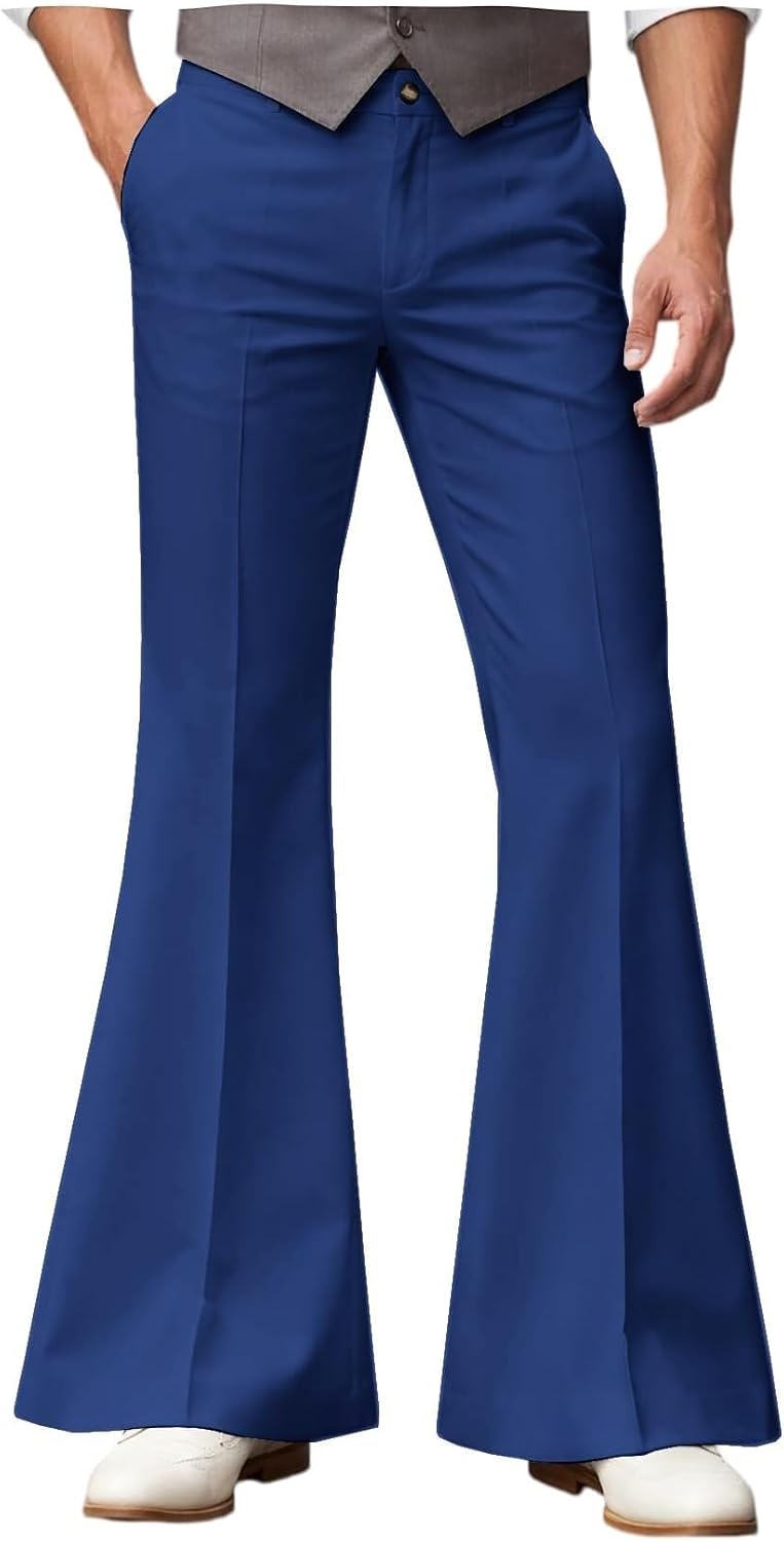 Men's 70s Retro Flare Pants Bell Bottom Disco Trousers Stretch Slim Fit Vintage Dress Slacks for Halloween Party