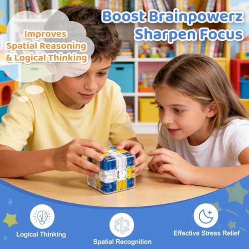Image of 3D Maze Cube Puzzle Game for Kids & Adults | Large Labyrinth Ball Brain Teaser Toy | Educational Learning Toy for Logical Thinking | Sensory Mind Game | Durable Cube Gift (Blue & Yellow)