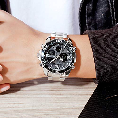 Vigoroso Mens Multi Times Military Gold Watch Chronograph Digital Analog Backlight Stainless Steel Sports Wrist Watch For Boys/Teens/Gents Waterproof (Silver) #TOP5