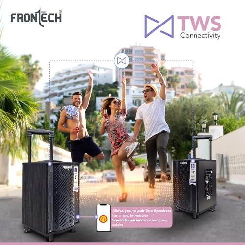 Image of FRONTECH Nocturn Lite Trolley Speaker | 80W Powerful Sound | Wireless Microphones | USB /TF /Bluetooth /FM | Guitar & MIC Input | Rechargeable Battery (SW-0221, Black)