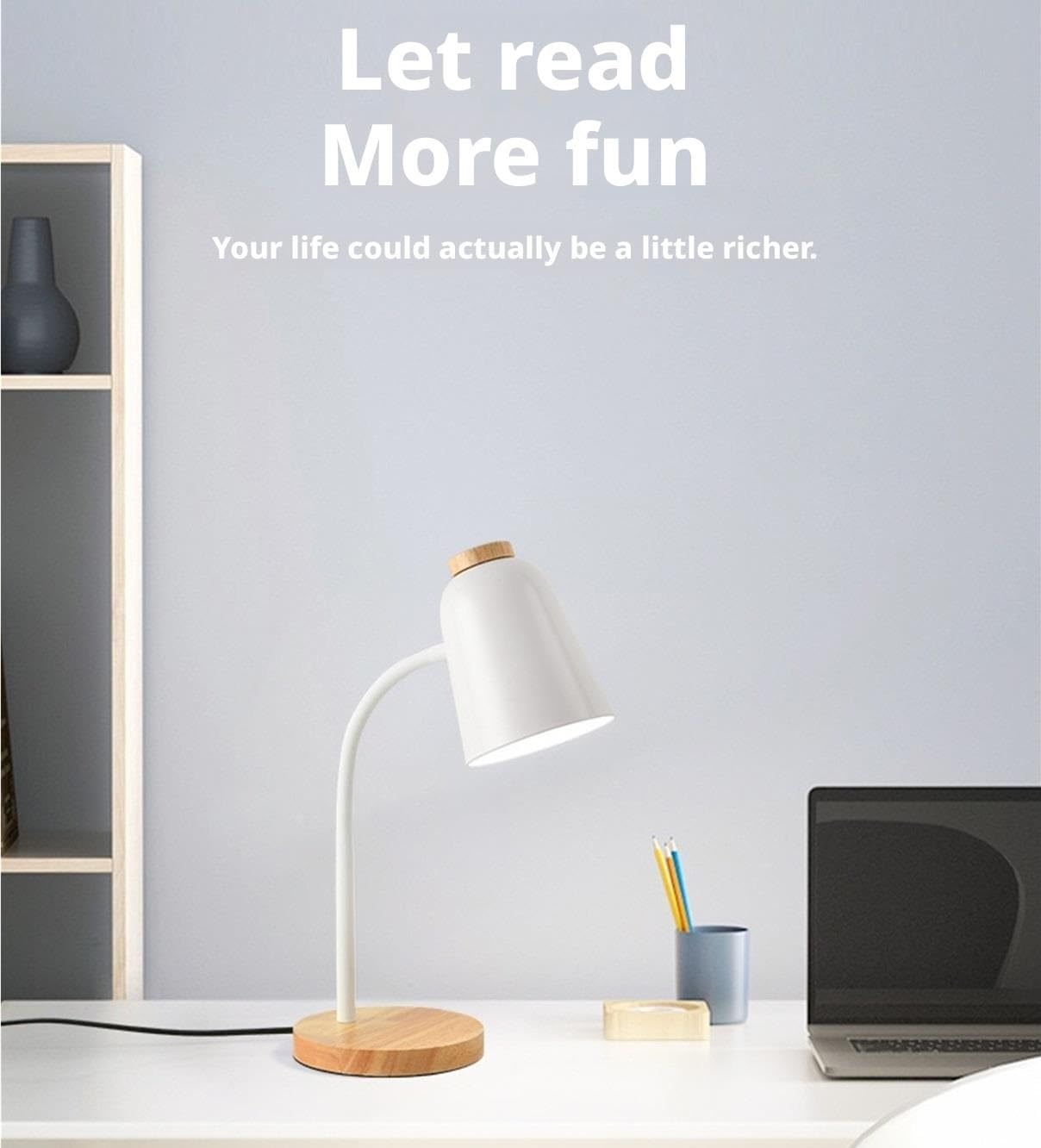 Lámpara De Lectura Lámpara De Mesa con Brazo Flexible, Base Madera, Botón Control, Bombilla No Incluida para Ojos(Black)