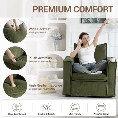 Image of 32 inch Wide Swivel Accent Chair Set of 2 with Cup Holders, Green | Comfy Armchair, Side Pockets, Modern Chenille Sofa Couch, Living Room, Bedroom, Corner