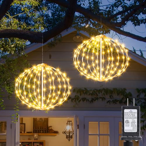 Auting Outdoor Ball String Lights Hanging Tree Garden Lights - 2 Pack 11.8 Sphere Light with Plug for Party Wedding Yard Garden Porch Patio Decoration(Warm White)