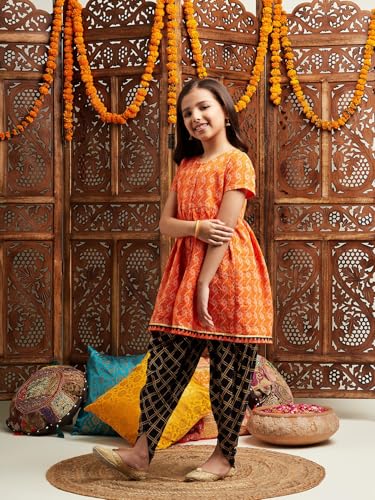 Pspeaches Girl's Cotton 1 Dhoti, 1 Kurta (Dh-Orangedobby-4-5Y_Orange