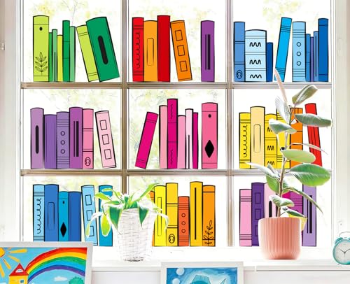 Whaline 9 Sheets Back to School Window Clings Colorful Bookshelf Window Decal Rainbow Color Books Reusable Anti-Collision Glass Sticker for First Day of School Classroom Decor