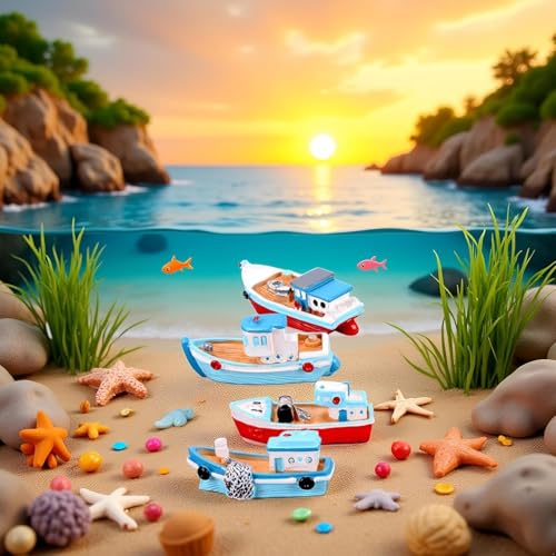 2 Pcs Colorful Miniature Dollhouse Boat Mini Fishing Boat Model Mediterranean Decor Resin Desktop Boat Ornament Ocean Beach Micro Landscape Decoration Dollhouse Accessories