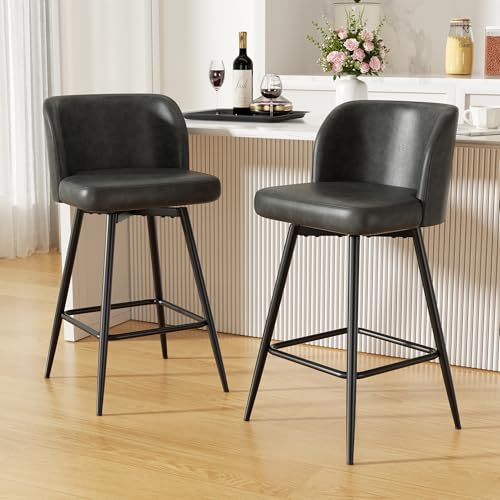 Image of Swivel Bar Stools Set of 4, 26 inch Counter Height Bar Stools with High Back and Metal Legs, Faux Leather Bar Chairs, Modern Barstools for Kitchen Island, Dark Grey